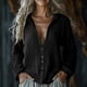 thumbnail image 2 of Camisas para adolescentes,Blusa tipo túnica holgada con cuello en V para mujer, manga larga con botones delanteros, mezcla de algodón y lino, ropa informal, sopatenor, 2 of 8