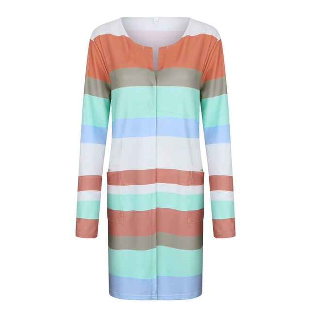 Heliisoer Solid Women's Color Striped Stitching Long-Sleeved Cardigan Button Coat Printed Plaid