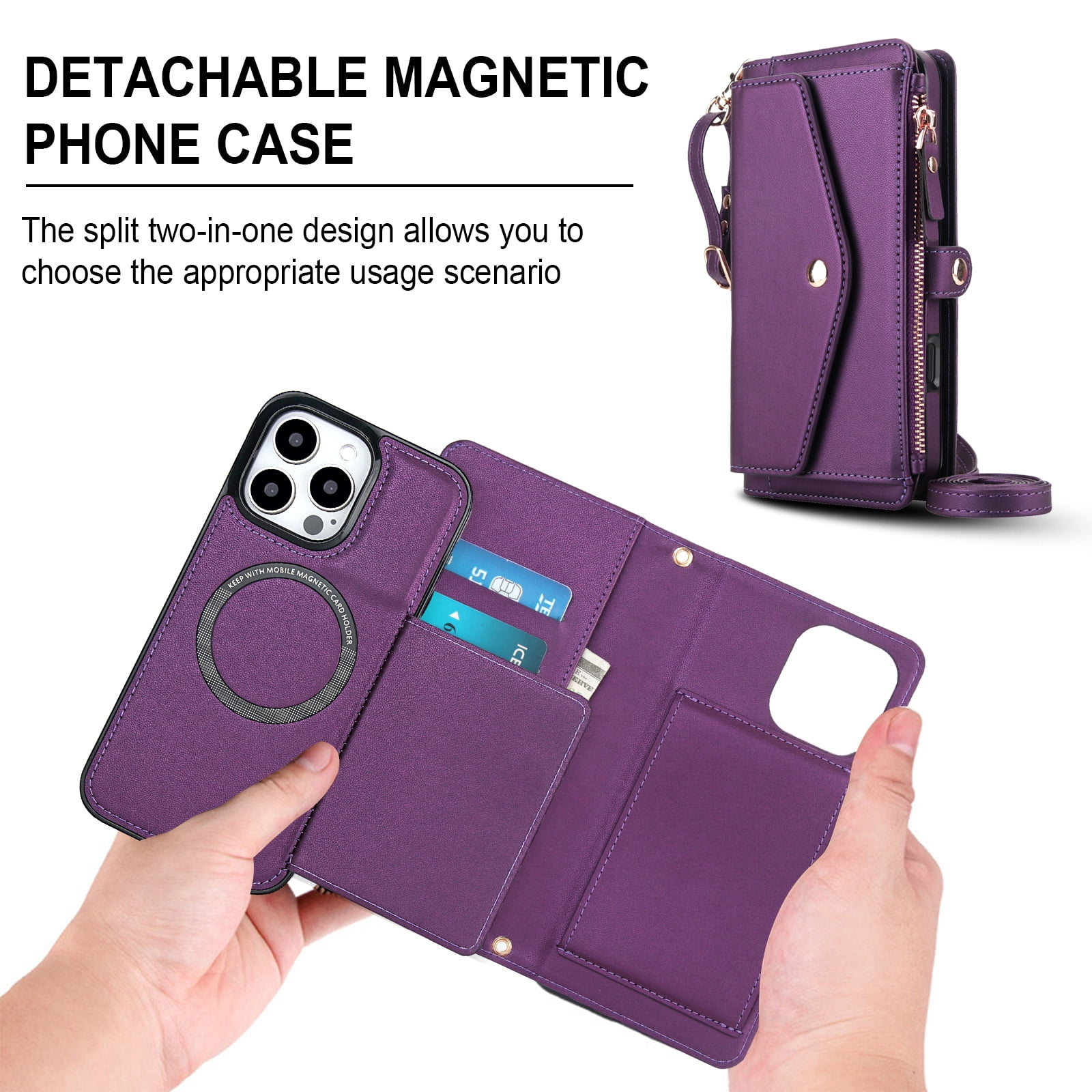 Designed for iPhone 15 Pro Multi-Function Wallet Phone Case,With Shoulder Strap&Wrist Strap,Cash Pocket&Card Slots,Zipper Purse,Magnetic Detachable PU Leather Flip Phone Case,Purple