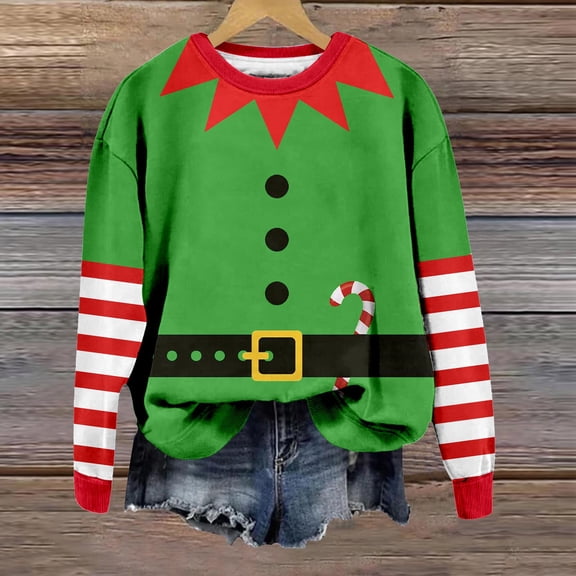 Women Christmas Sweatshirt Womens Christmas Elf Sweatshirt Long Sleeve Graphic Womens Holiday Sweatshirt Womens Christmas Tops