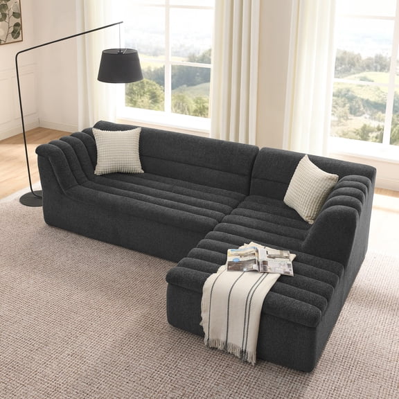 106" L-Shaped Modular Sectional Sofa with Chaise for Living Room, Chenille Upholstered Boneless Couches with Wave-Shaped Armrest, No Pillows Included (Black)