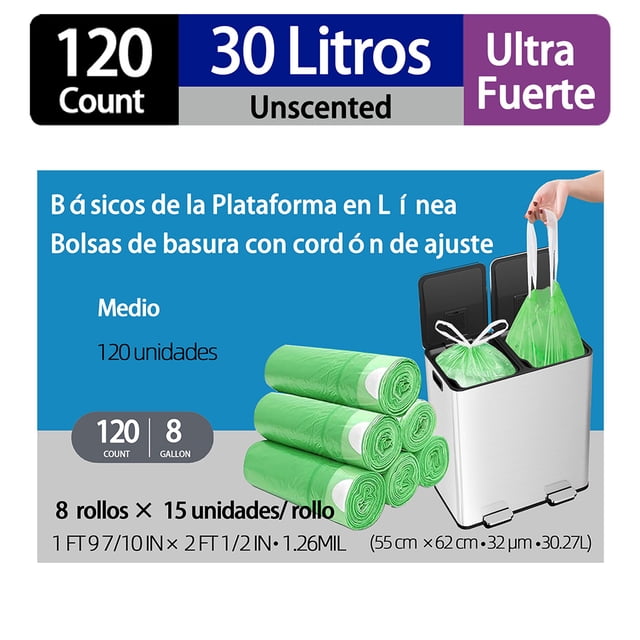 Bolsas de basura con cordón, 8 galones, sin aroma, ultra fuerte, 120 unidades