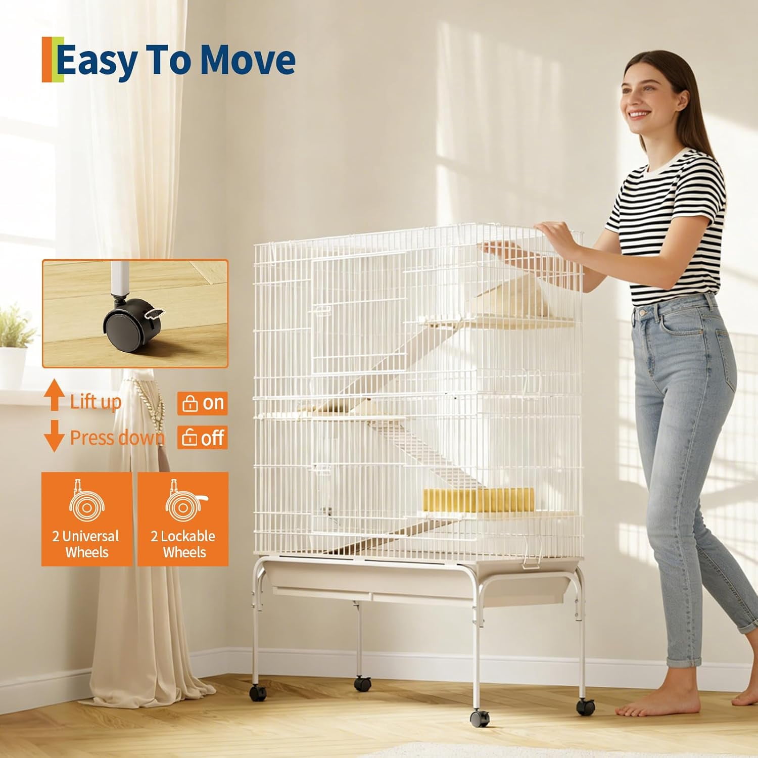 QinaQin 40-Inch Metal Small Animal Cage with Wheels – Multi-Level Habitat, Deep Tray, Removable Ramps, Easy Cleaning, Secure, Includes Water Bottle & Food Bowl,White
