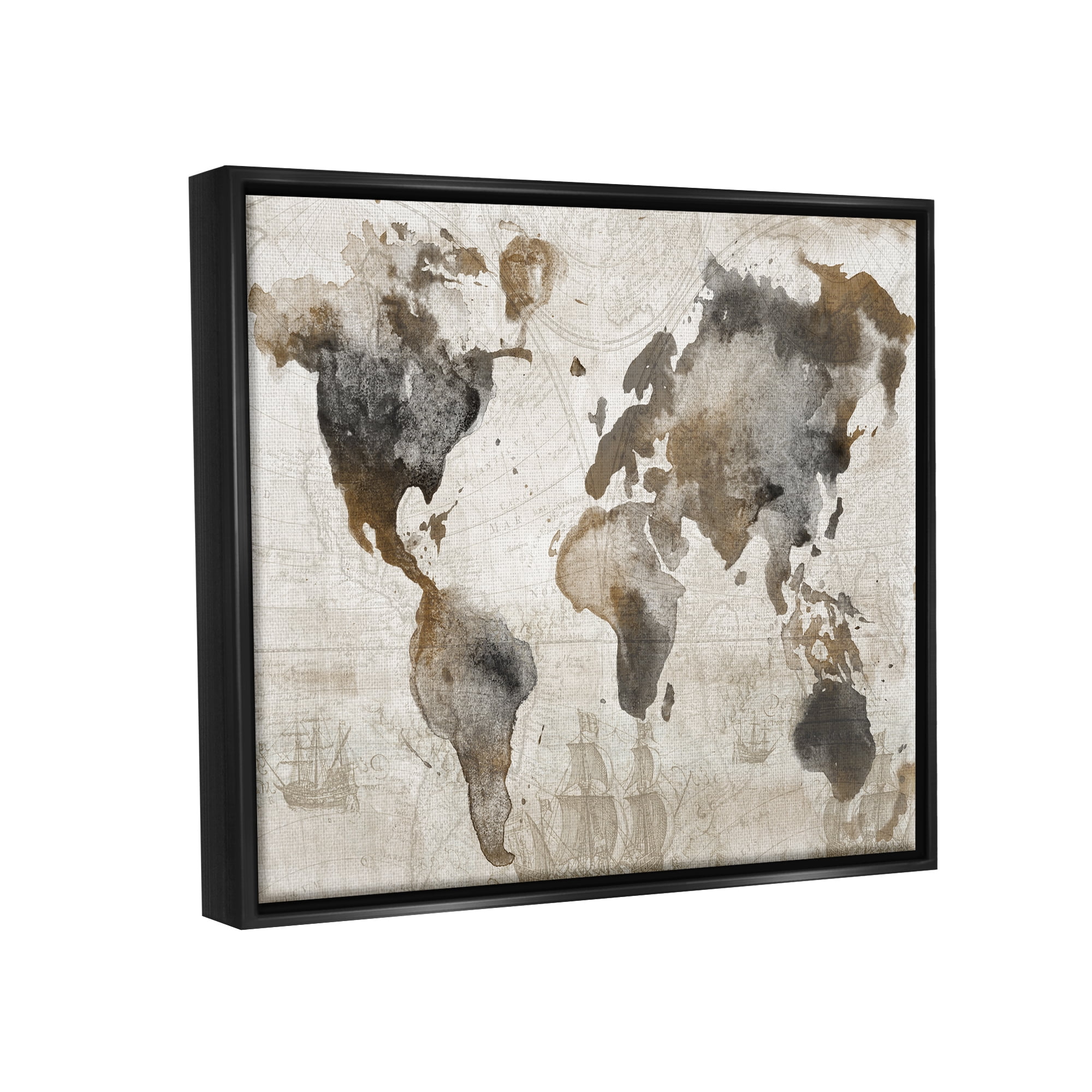 Stupell Industries Vintage Rustic World Map Town & City Painting Black Floater Framed Art Print Wall Art