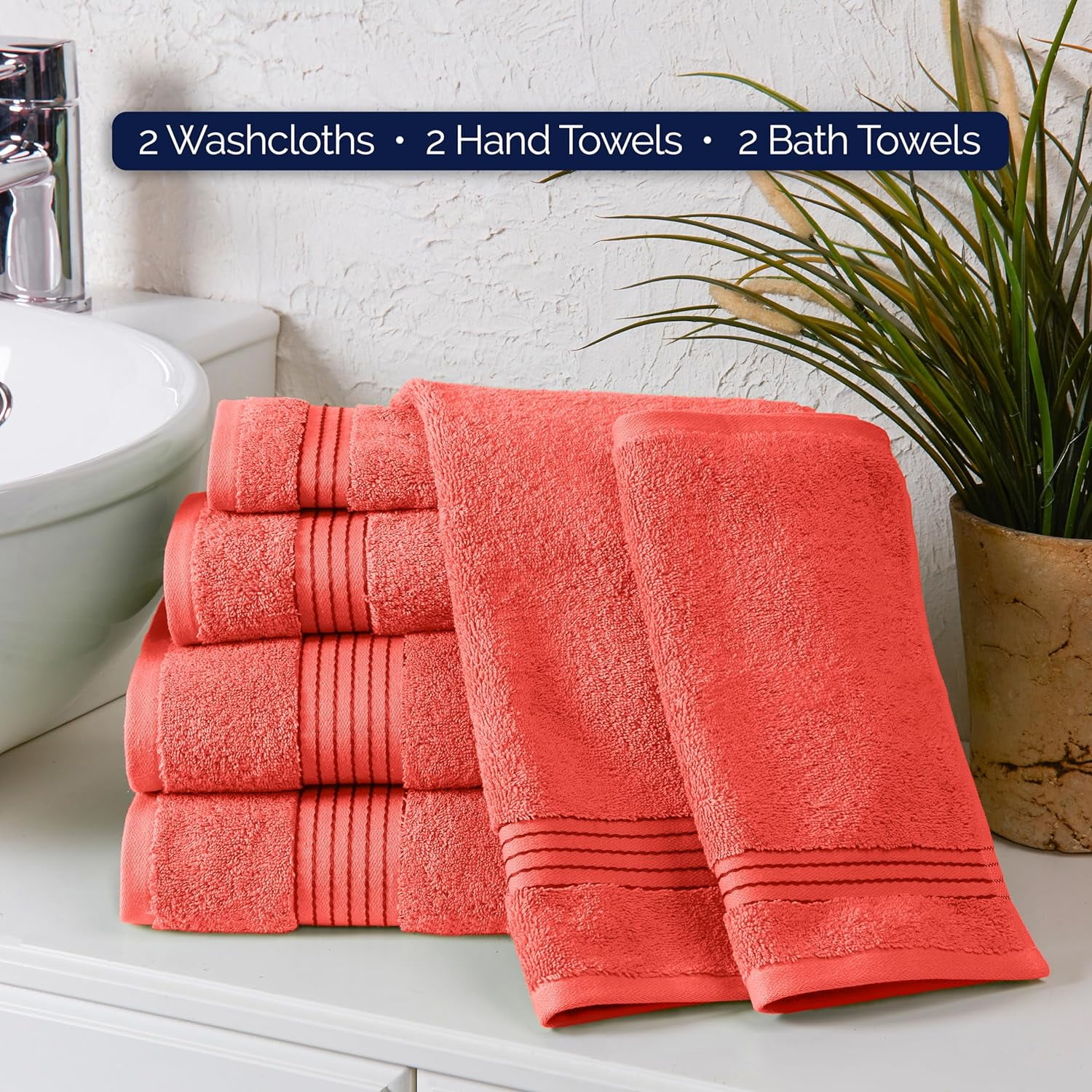 Cotton Paradise 6 Piece Towel Set, 100% Turkish Cotton Soft Absorbent  Towels for Bathroom, 2 Bath Towels 2 Hand Towels 2 Washcloths, Coral