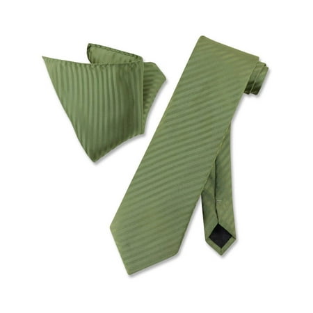 - Vesuvio Napoli OLIVE GREEN Striped NeckTie & Handkerchief Matching Neck Tie Set