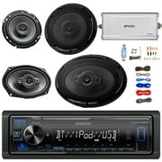 Kenwood Single DIN In-Dash Bluetooth USB AUX AM/FM Digital Media Receiver, Kenwood 6x9 4-Way 600W Peak Power Car Audio Speakers, 6.5" 2-Way 320 Watt Speakers, 4-Ch. Amplifier, Amp Wiring
