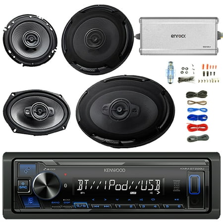 Kenwood Single DIN In-Dash Bluetooth USB AUX AM/FM Digital Media Receiver, Kenwood 6x9 4-Way 600W Peak Power Car Audio Speakers, 6.5" 2-Way 320 Watt Speakers, 4-Ch. Amplifier, Amp Wiring