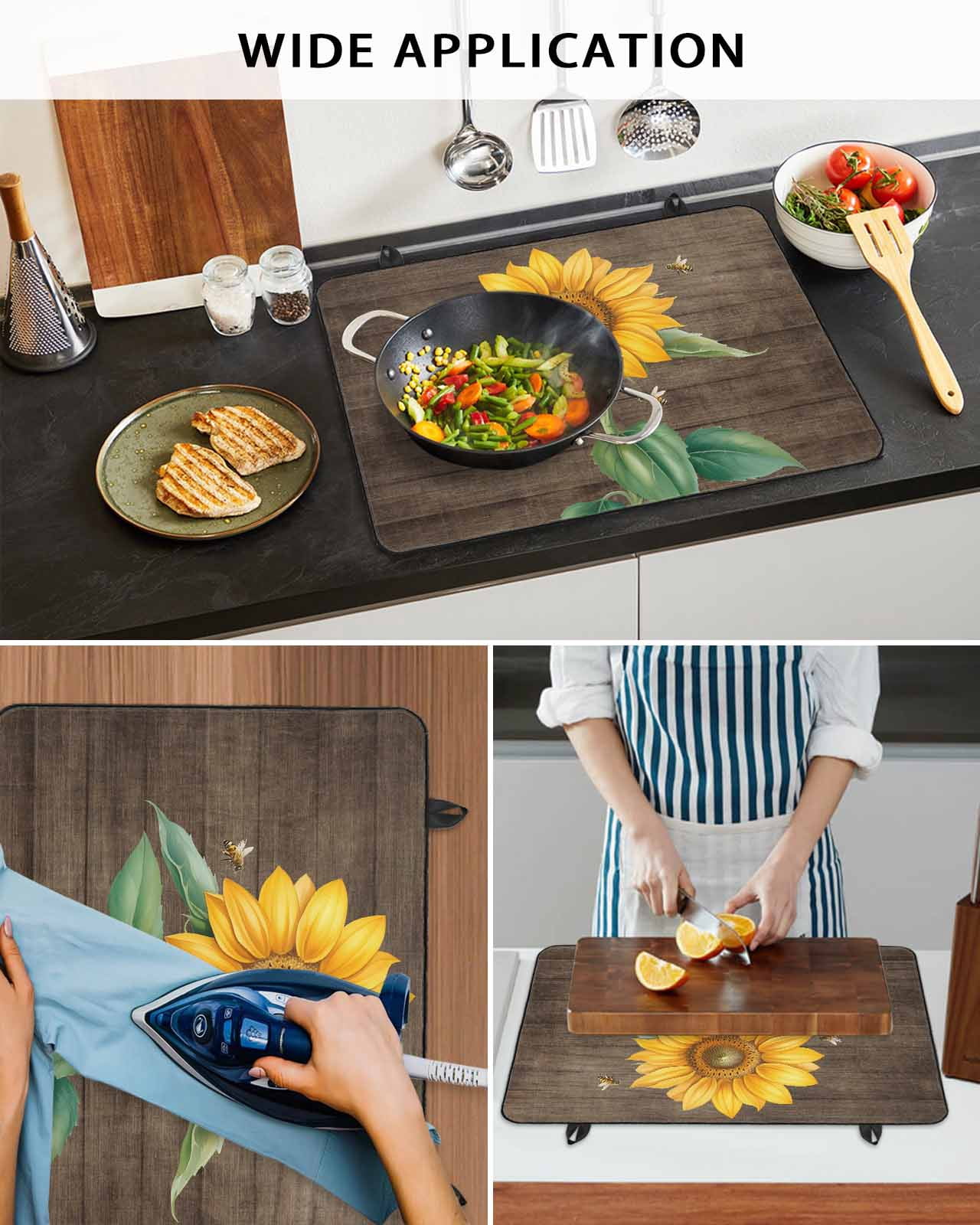 Large Induction Cooktop Protector Mat Sunflower Stove Top Covers for Electric Stove, Yellow Flowers Bees Wooden Pastoral Decorative Stove Burner Cover Mats, Glass Top Stove Cover