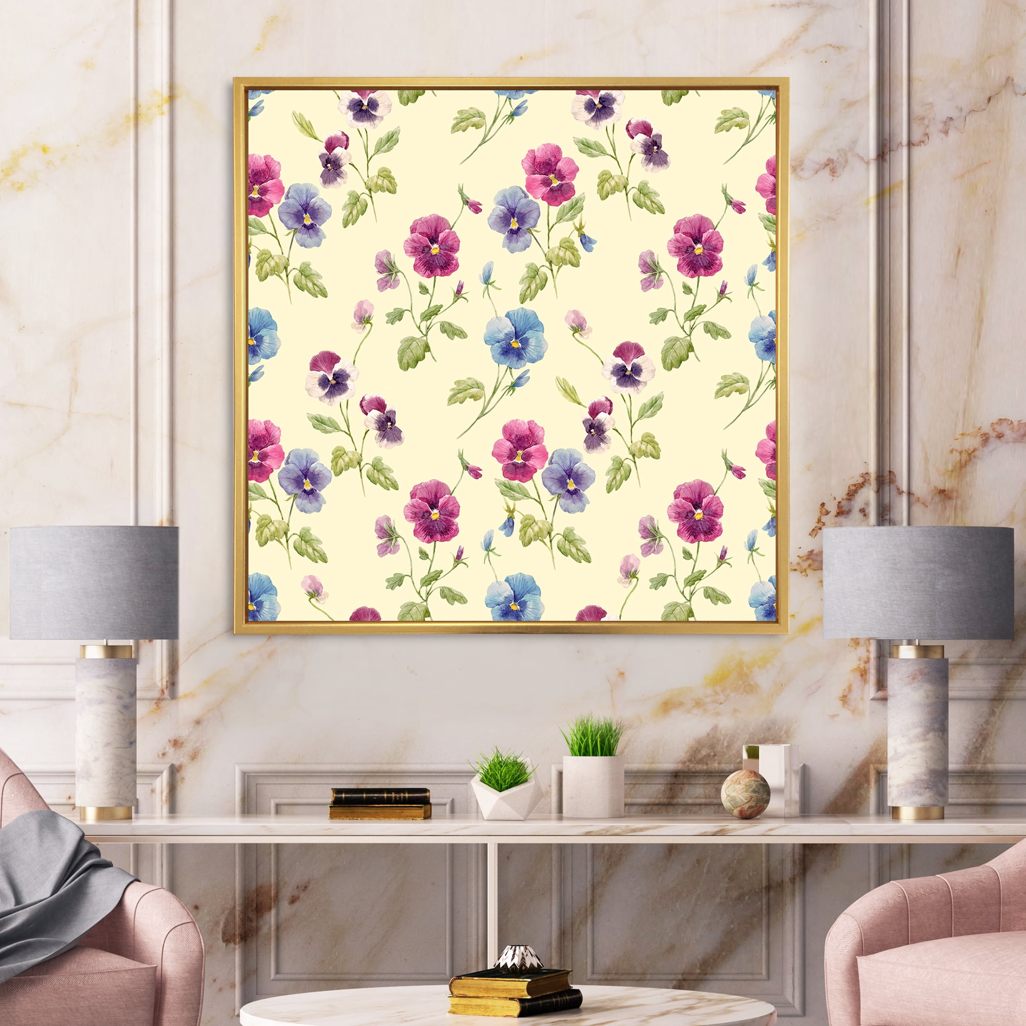 Designart 'Blue and Pink Pansy Flowers I' Traditional Framed Canvas Wall Art Print