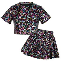 Happy Cherry Sparkly Dance Outfits for Girls 2 Pieces Kids Shiny Metallic Short Sleeve Crop Top with Pleated Skirt Set Leopard Dancewear Performance 5-6 Years Black