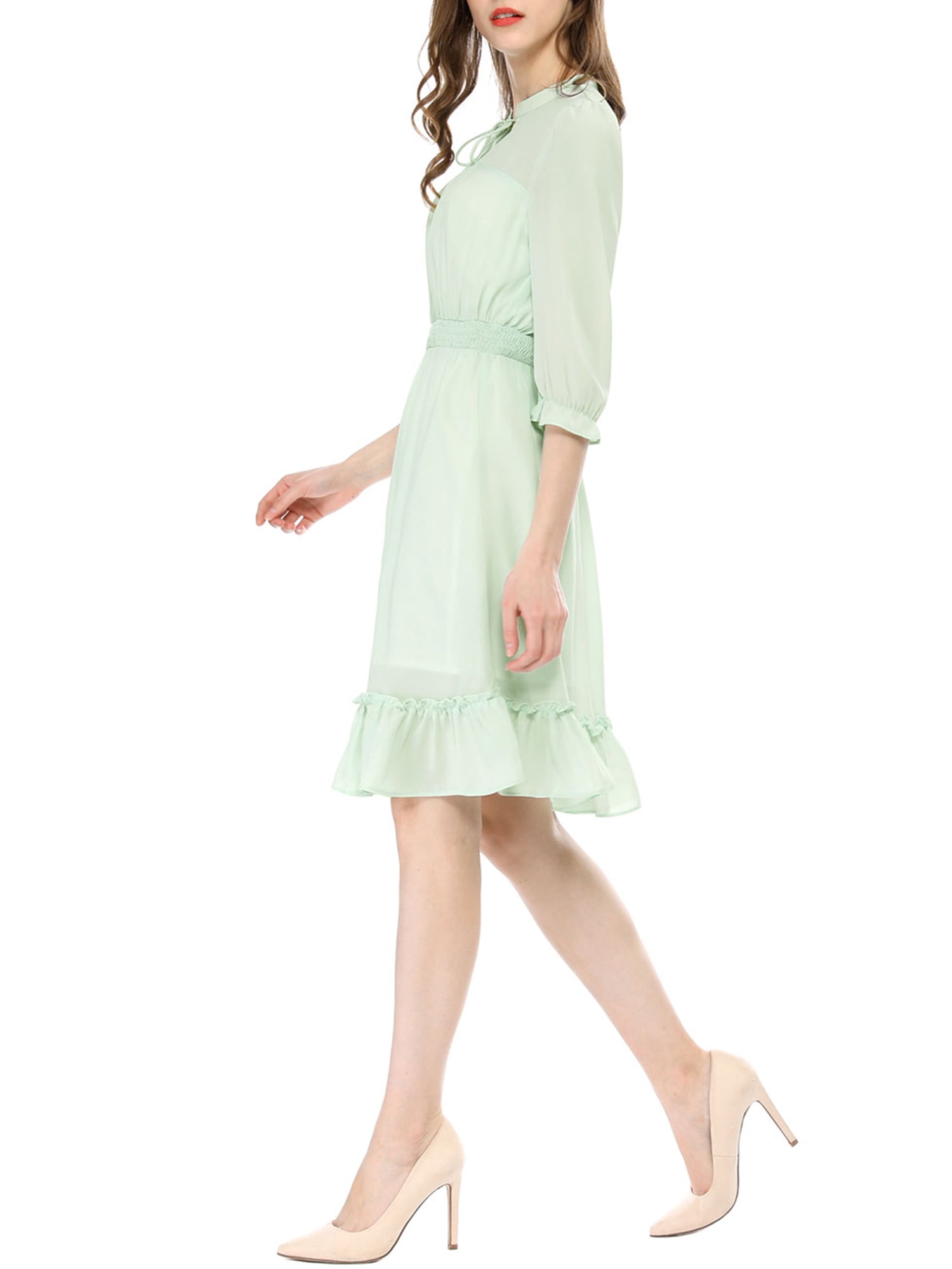 DARING DIVA Tie V Neck Chiffon 3/4 Sleeve Smocked Mini A-Line Dress M Green