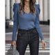 thumbnail image 2 of Suéter Otoño Invierno V cuello puro color puff manga larga moda Slim casual mujeres suéter para interior al aire libre, 2 of 6