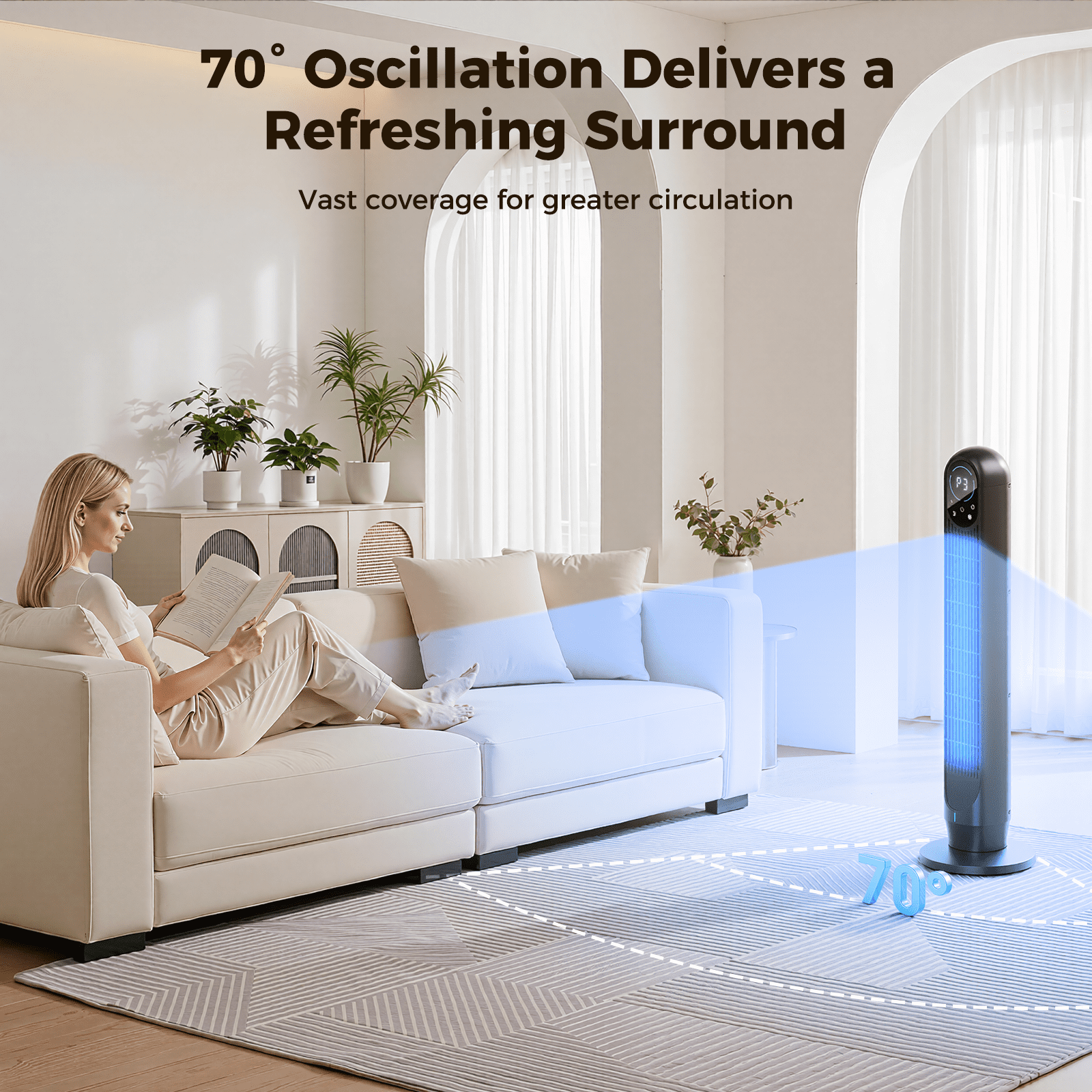 Tower Fan For Home with Remote, 31" Bladeless Floor Fans for Home, 4 Modes & 4 Speeds, 12H Timer, LED Display, Wide Oscillating Wide Cooling for Bedroom, Office