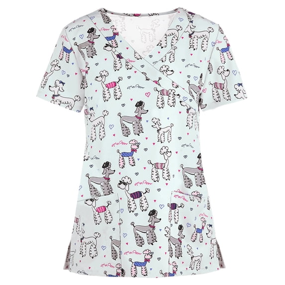 Tejiojio Women Clothes Clearance Women Short Sleeve V-neck Tops Working Uniform Cartoon Print Blouse