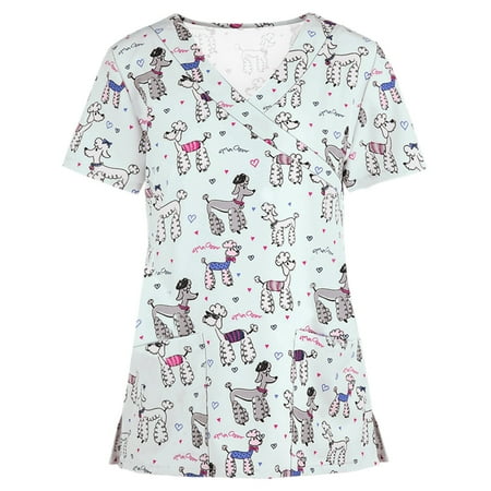 

yoeyez Scrub Tops Women Stretchy Women Short Sleeve V-neck Tops Working Uniform Cartoon Print Blouse Blusas MéDicas Para Damas