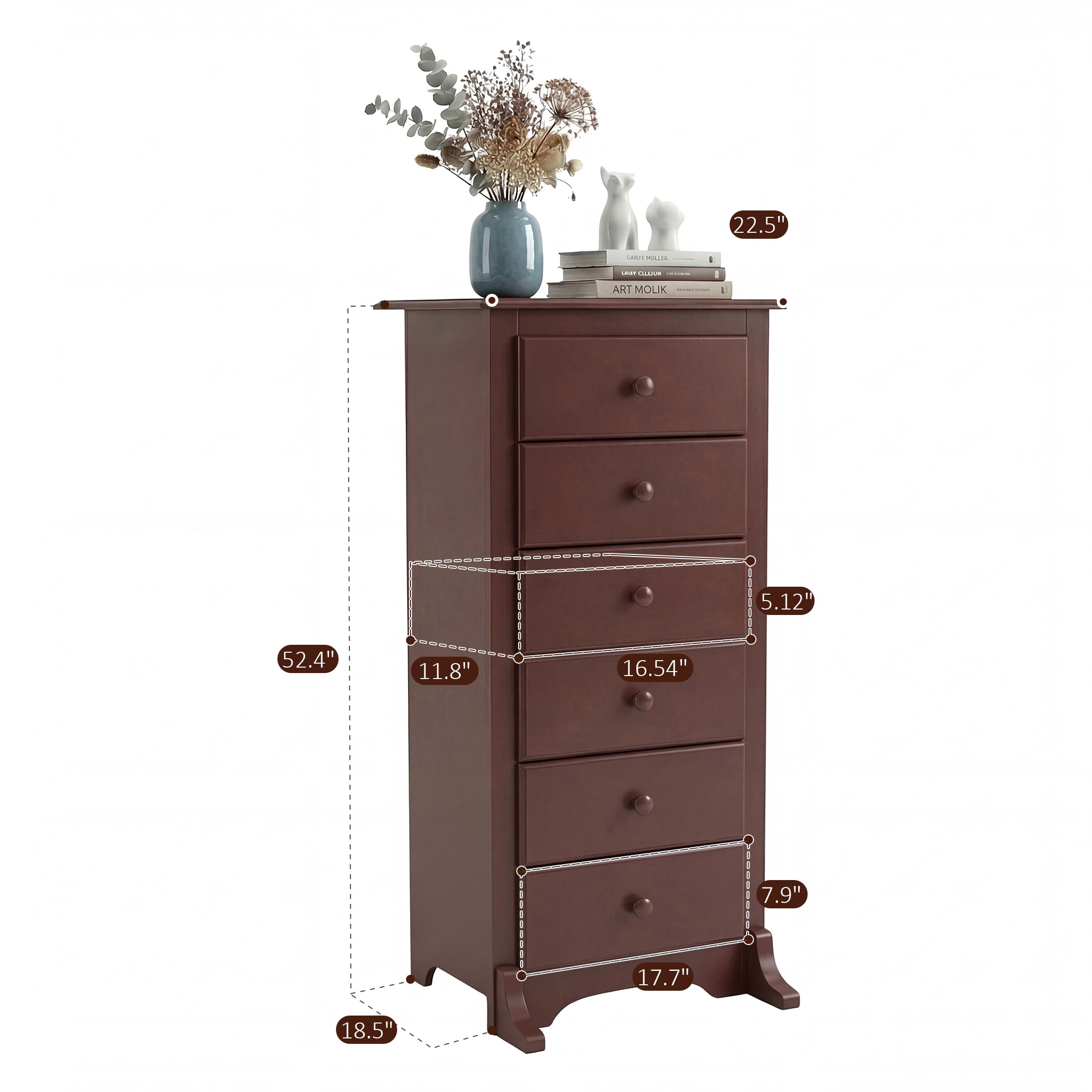 EDX 6 Drawer Wooden Dresser Chest for Bedroom, 19" x 23.25" x 52.75", Modern Storage Cabinet for Living Room Closet, Brown