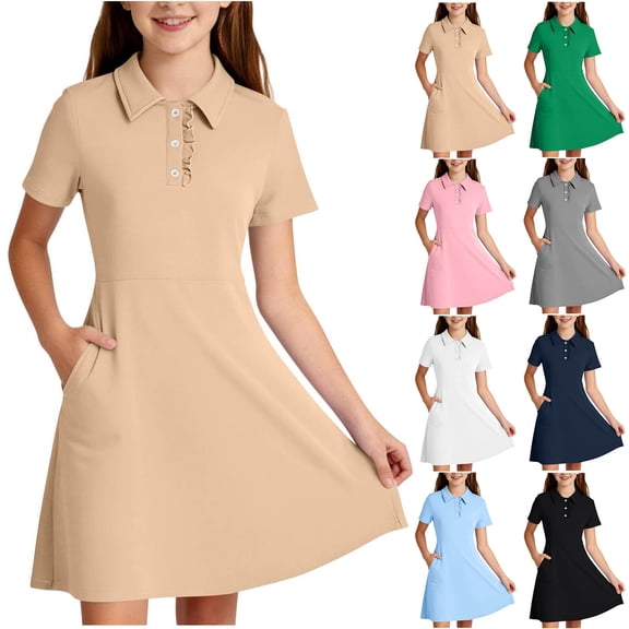 HBGVBA Girl's Summer School Turndown Collar,Casual Short Sleeve Midi Sundress,5-15 Years Solid Color Collared Dress Ruffle Button with Pockets