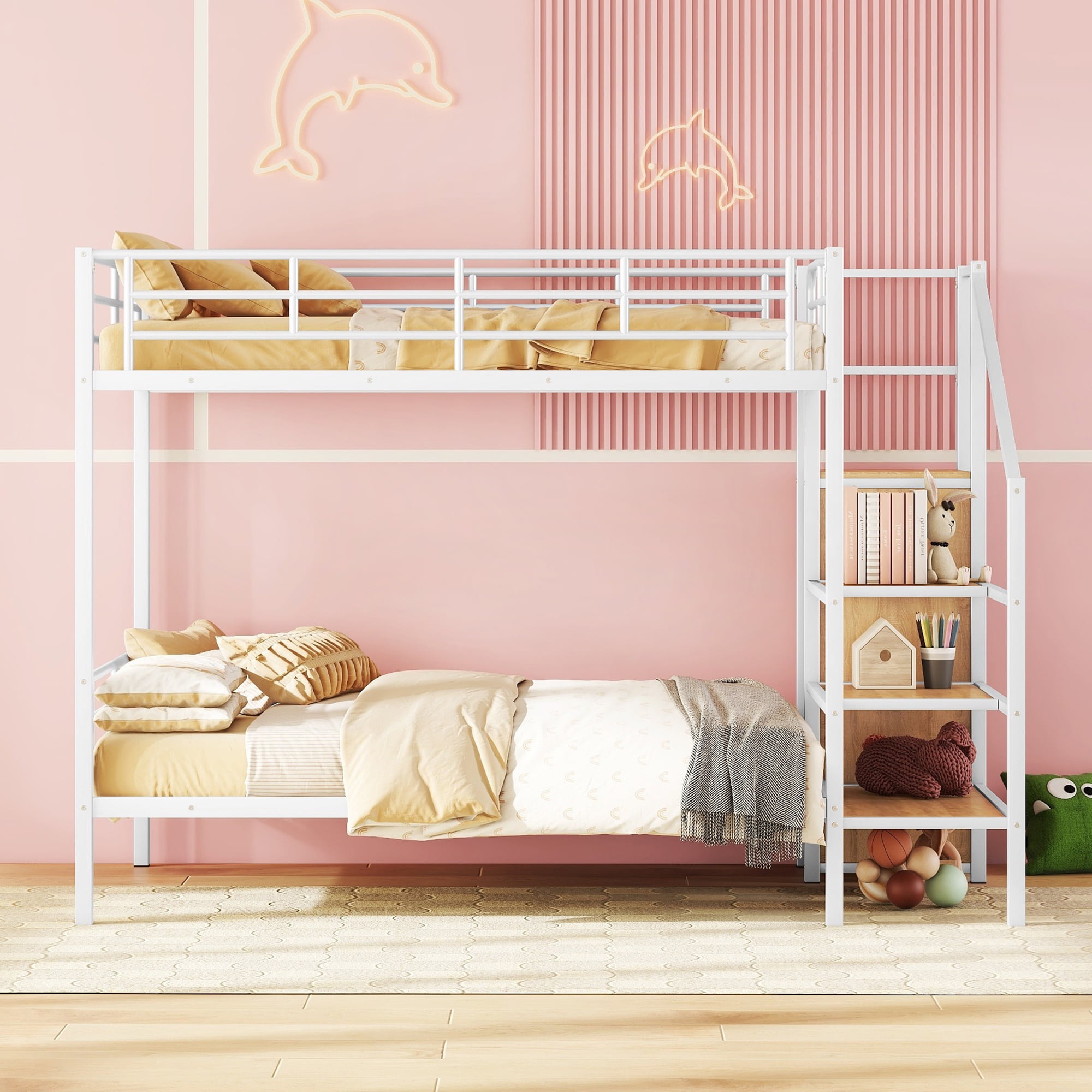 Euroco Metal Full over Full Bunk Bed with Staricase and Open Wardrobe, White