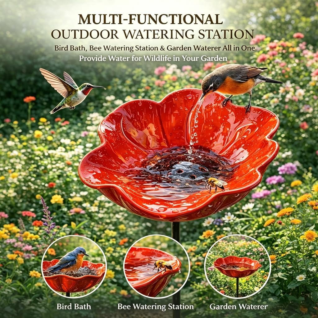 Handmade Metal Flower Garden Stake Bird Bath – Mini Bird Bath & Pollinator Water Station for Outdoor Yard Decor (Red,4)