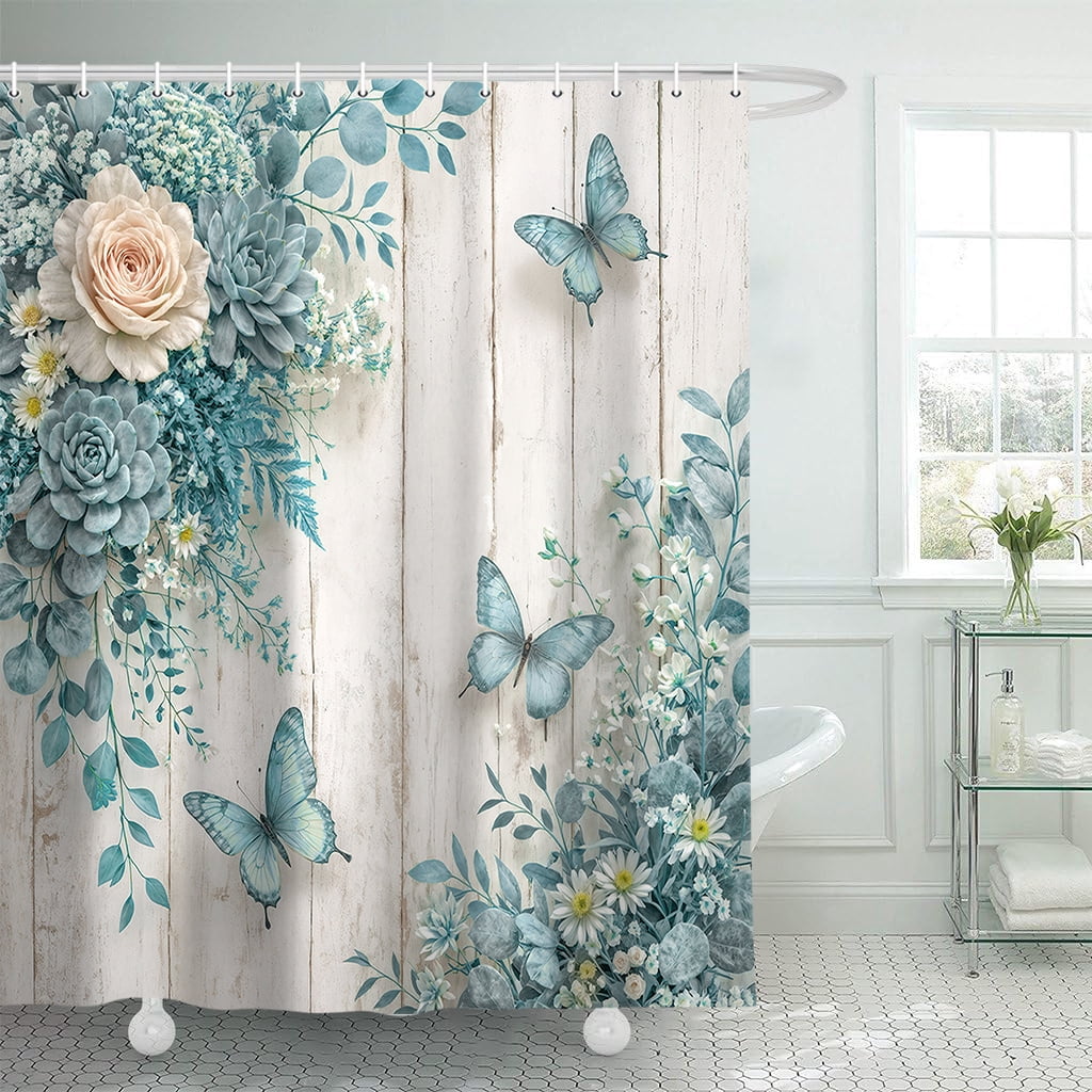 Blue Floral Shower Curtain - Farmhouse Rustic Rose Butterfly Bathroom Curtain Boho Botanical Waterproof Fabric Set with 12 Hooks,70X85in