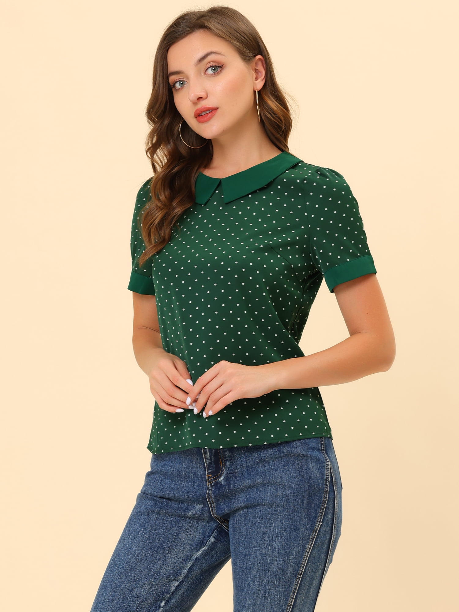 DARING DIVA Women's Peter Pan Collar Polka Dots Short Sleeve Tops XS Green