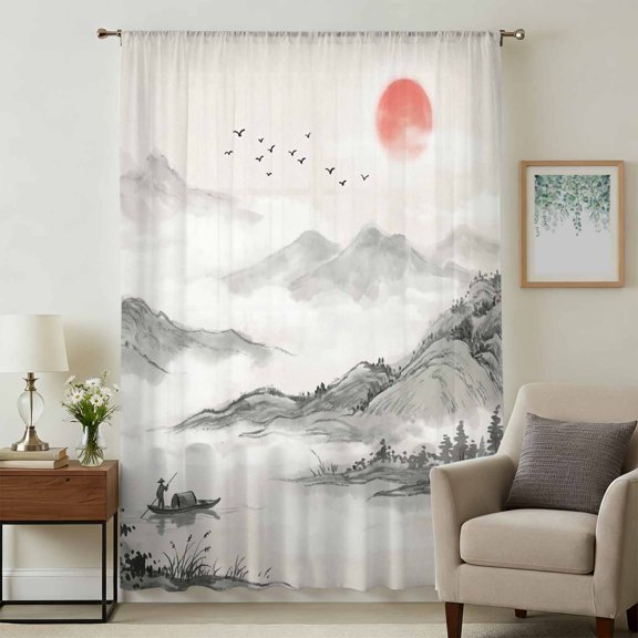 Chinese Ink Painting Sheer Curtains 63 Inch Length for Bedroom, Mountain Red Sun Landscape Light Filtering Privacy Drapes, Breathable Semi Sheer Window Treatment for Kitchen Dining Room Nursery