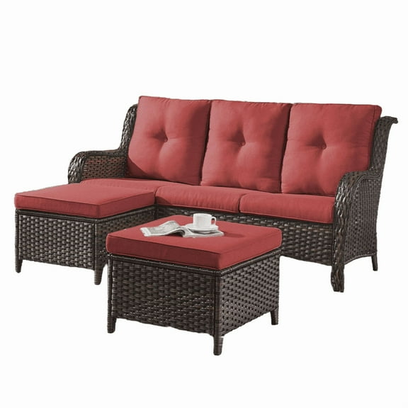Gymojoy Outdoor Furniture 3-Piece Sofa, Patio Rattan Wicker Seactional Couch with Ottoman, Red
