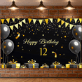 thumbnail image 4 of Black Gold Themed Happy Birthday 12th Backdrop Banner with Balloons Stars and Gifts Party Decoration Photography Prop for Birthday Parties Celebrations and Photo Booths, 4 of 7