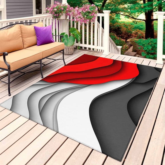Red Grey Ombre Outdoor Rug for Patio/Deck/Porch, Non-Slip Large Area Rug 3 x 5 Ft, Geometric Abstract Art Moire Modern Indoor Outdoor Rugs Washable Area Rugs, Reversible Camping Rug Carpet Runner