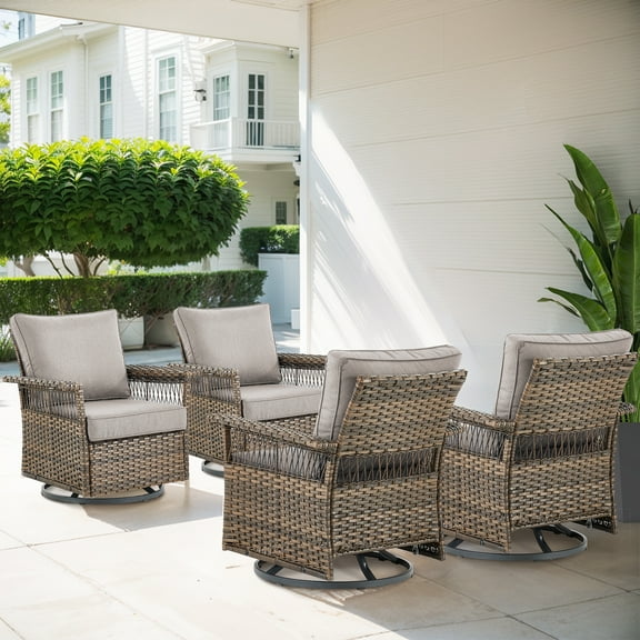 OPOHORO High Back Outdoor Swivel Rocker Patio Chairs Set of 4, with 5-Inch Wide Armrest and Thick Cushion, Brown Wicker Furniture Ideal for Porch, Poolside, Deck, and Yard in Gray