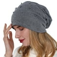 thumbnail image 3 of Womens Double Layer Cotton Knitted Beaded Pullover Hat Winter Warm Wool Cap, 3 of 5