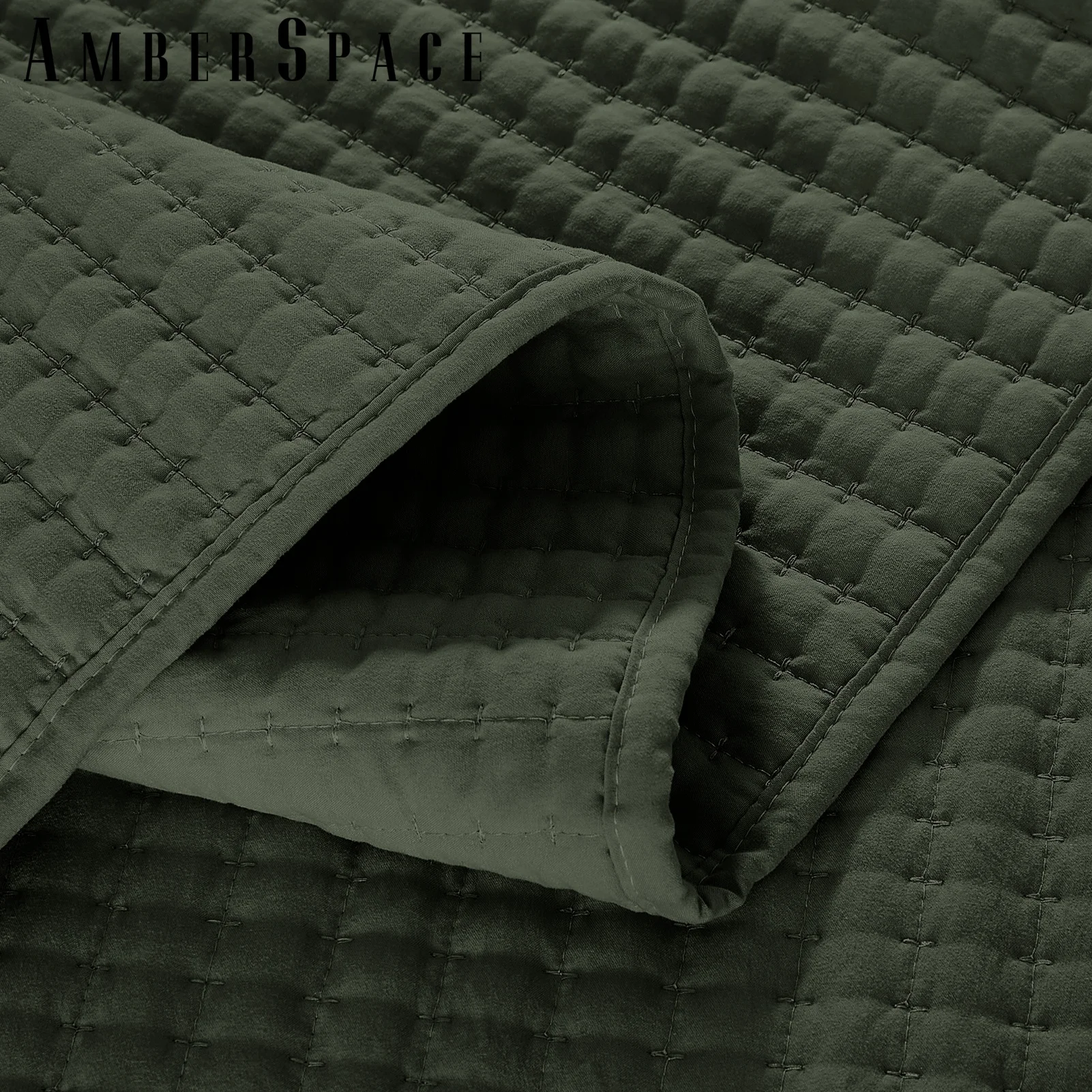 Amberspace Lightweight 3-Piece Bed in a Bag Quilt Set with Pillow Shams,Dark Green,Queen