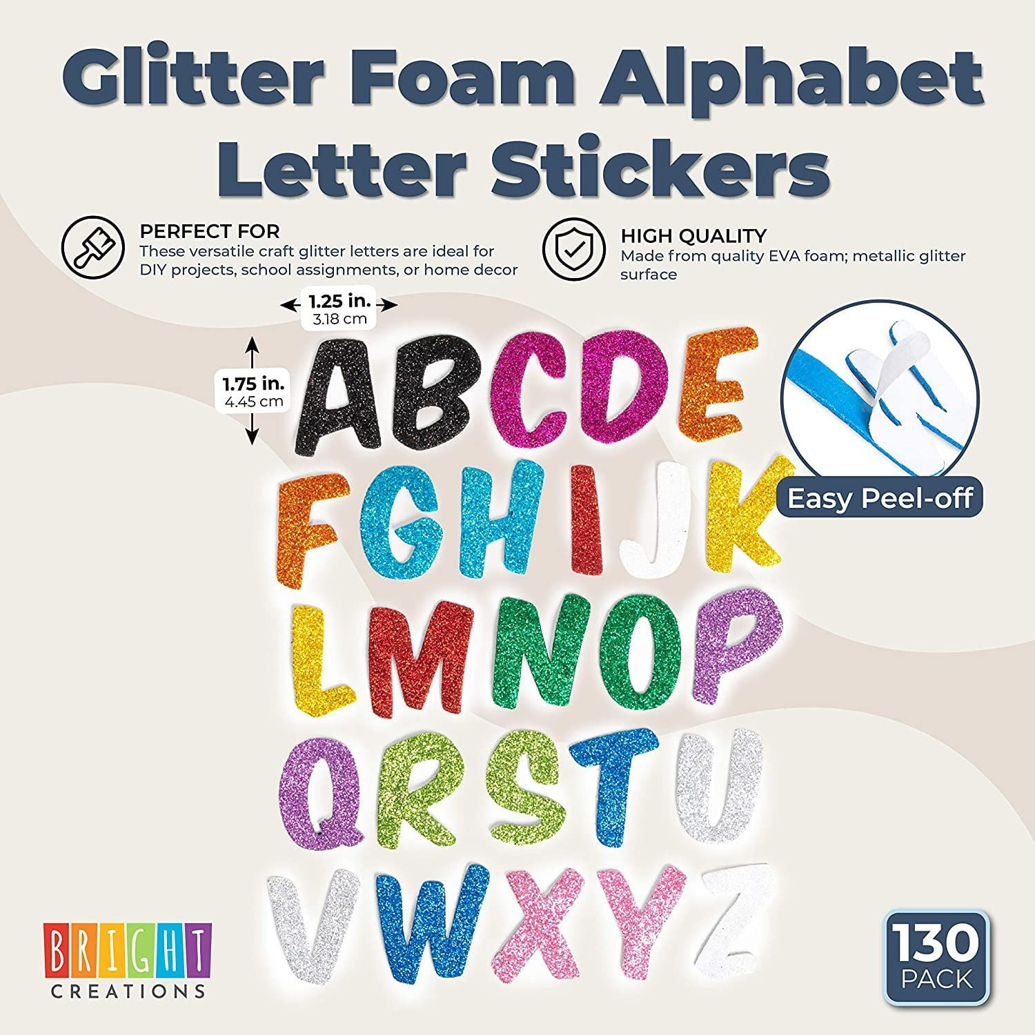 Self Adhesive 130 Pieces AZ in 13 Colors Glitter Foam Alphabet Letter