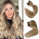 thumbnail image 1 of Extensiones de cabello humano con clip rubio, cabello natural Remy real de 20 pulgadas, rubio claro resaltado, rubio dorado, Clip Balayage para extensiones de cabello, 7 piezas, 70G, 1 of 5