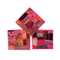 Mogul Set Of 3 Throw Pillow Cushion Cover Patchwork Embroidered Decorative Square Pink Pillow Case Home Decor 16 X 16 Inches