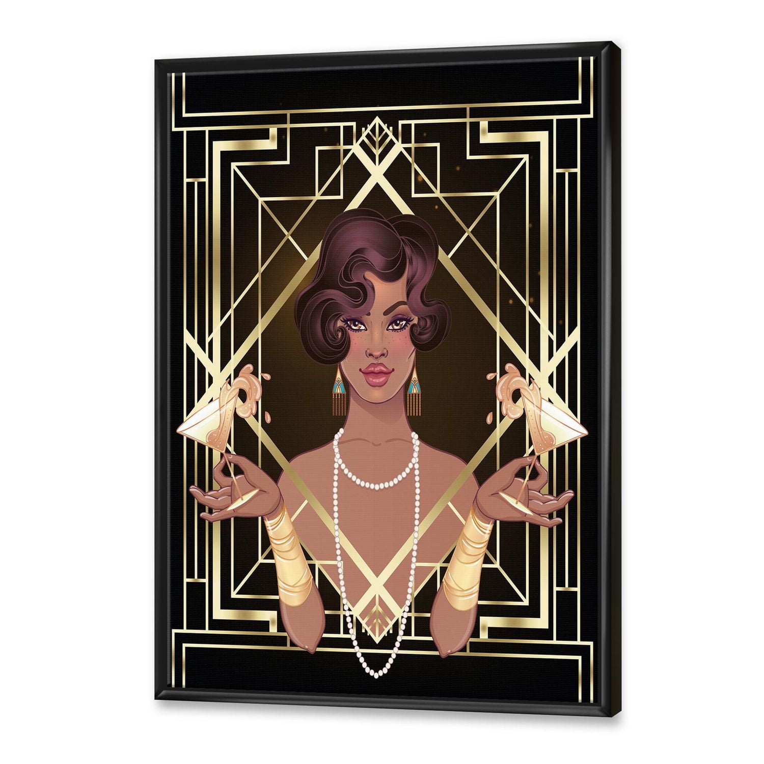 Designart Retro Women In Golden Art Deco Geometrics I FLOAT FRAME WALL ART