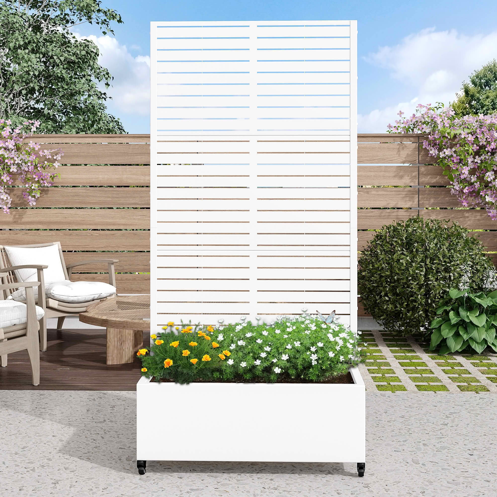 MAYEERTY 72x35x16 Inch White Metal Rectangular Planter Box with Trellis, 5 Piece Set for Outdoor Garden & Patio