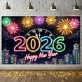 thumbnail image 3 of Neon Theme Happy New Year Banner Colorful Design 2026 Banner Fireworks Pattern Clock New Year Backdrop for New Year Party 2026 Celebration Countdown Event, 3 of 9