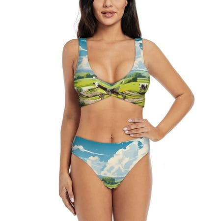 Zeuib Countryside Farm Cow High Waisted Tummy Control Bikini Set - Knot Front Push Up Top & Cheeky Thong Bottom  Two-Piece Swimsuit for Women-Small