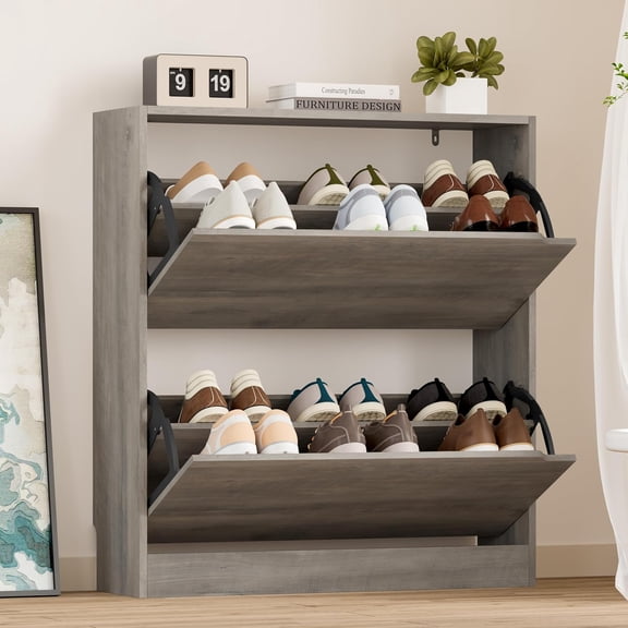 FANRAL Shoe Cabinet with 2 Flip Drawers Narrow Storage Cabinet Organizer for Entryway,Gray Shoe Rack