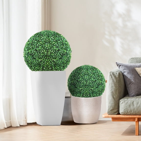 Realistic Fake Boxwood Topiaries (16" Tall, 2-Piece) – Round Artificial Hedge Plants for Year-Round Backyard, Porch & Event Decoration