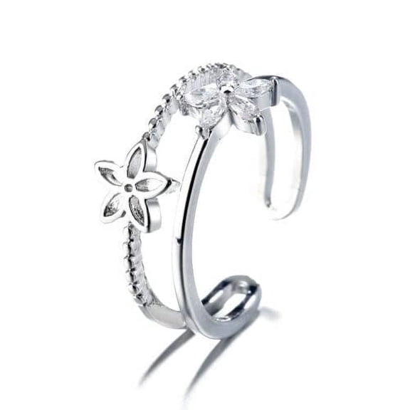 Women's Silver Plated Double Layer Paved Crystal Flower Open Ring, Women Ring, Engagement Rings For Women, Double Ring For Women, Finger Ring For Women, Presents For Girlfriend(Silver)