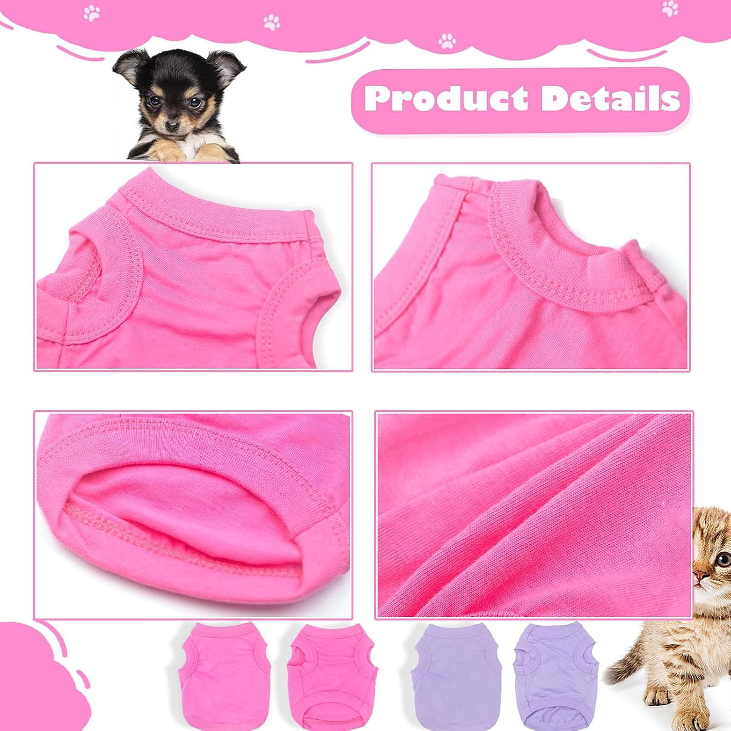 2 Pieces Dog Clothes Spring Summer Puppy Soft Dog Shirt Solid Color Chihuahua Clothes Pet Clothing Cute Cat Clothing XXS~M (Rose,Purple, Medium)