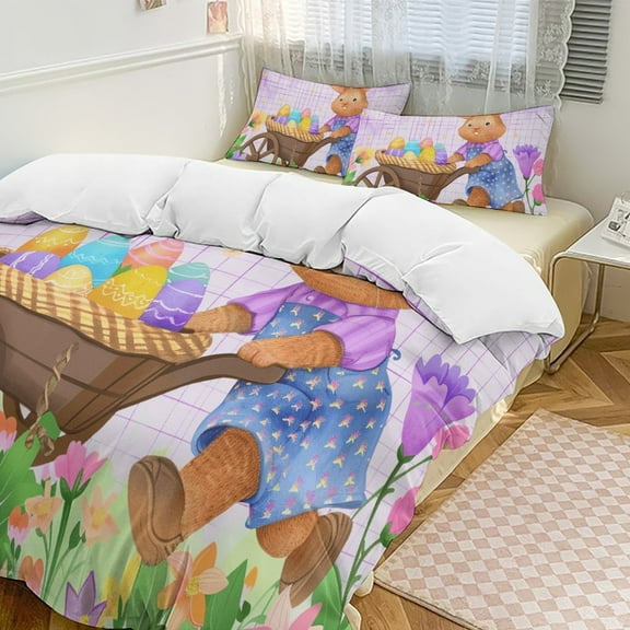 Easter Bunnies Rabbits 3 Pieces Duvet Cover with Zipper Closure,Premium Polyester Lightweight Bedding Set