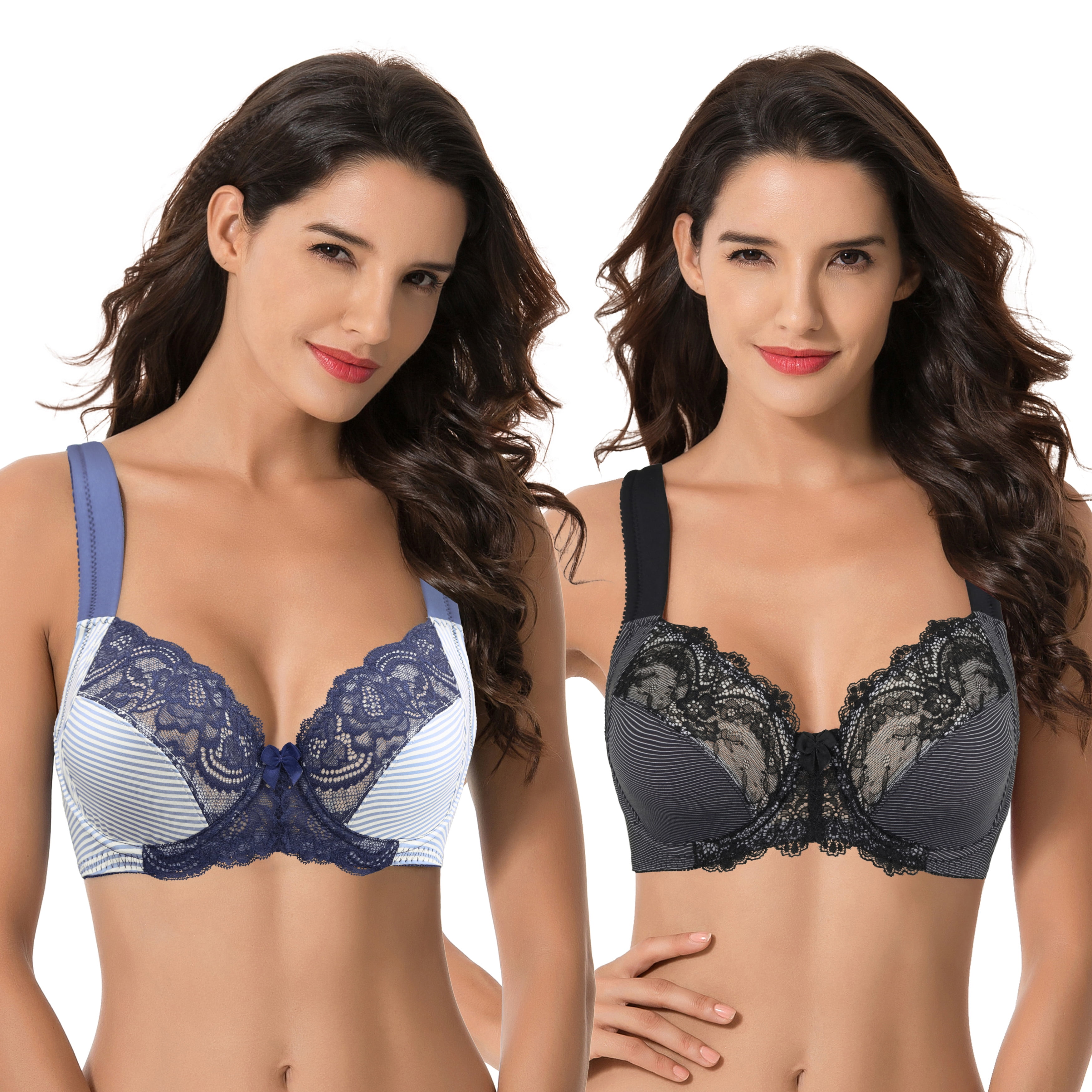 Curve Muse Women's Plus Size Unlined Underwire Lace Bra with Cushion  Straps- GREY PRINT, NAVY PRINT- Size:42D