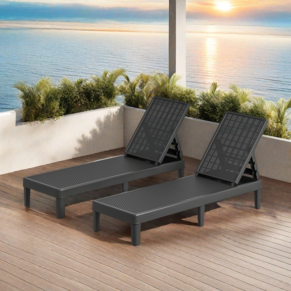 Uforic 2-Pack Black Outdoor Chaise Lounge, 5-Position Adjustable Back, Rattan-Style Polypropylene, 330 lbs Capacity