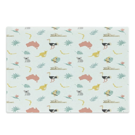 Australian Cutting Board, Continuous Cultural Animals Map Foliage and Landmarks in Pastel Colors Print, Decorative Tempered Glass Cutting and Serving Board, in 3 Sizes, by Ambesonne