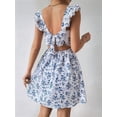 thumbnail image 5 of Women Floral Mini Dress Square Neck Ruffle Shoulder Back Tie A Line Sundress Blue & White. L, 5 of 9