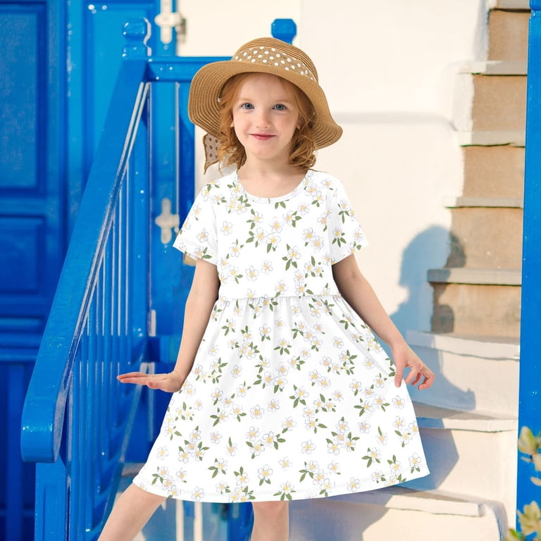 Yellow Flower Short Sleeve Dress A-Line Cute Midi Casual Sundress 2-8 Years